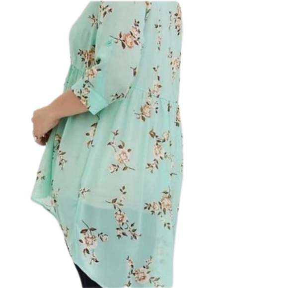 Torrid Hi-Lo Tunic Top Sheer Mint Rolled Up SleeveBoho Cottagecore Plus Size 0 - Picture 1 of 4